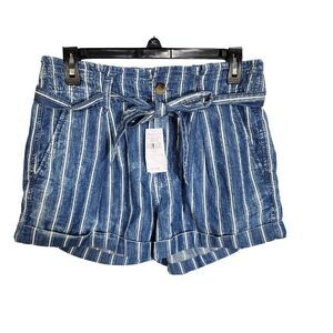 American Eagle Women Shorts Sz 8 Super High Rise Blue Stripe Paperbag Linen Belt